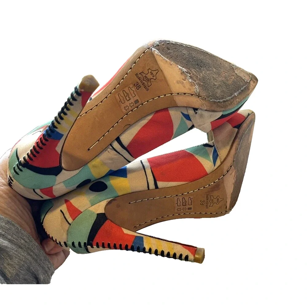 Womens Alice+Olivia Dina Color Block Graffiti Satin Heels Pumps-38 - Picture 4 of 6
